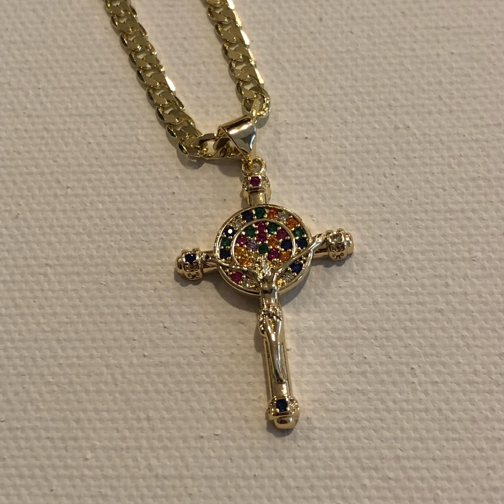 Gold-Tone Multicolor Crystal Cross Pendant Necklace